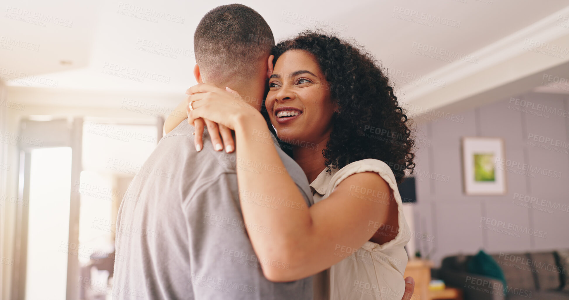 Buy stock photo African couple, dance and happy in home with hug, conversation and care with bonding in apartment. Man, woman and dancer with embrace, love and comic chat with laugh, funny memory or smile in house