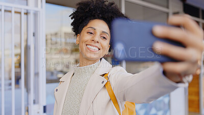 Buy stock photo Happy, selfie and woman in city with photography, memory and record for social media of travel in Mexico. Person, smile and post online with live streaming, blog or influencer with communication