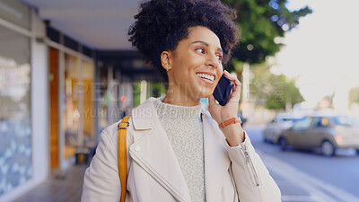 Buy stock photo Woman, smile and conversation on street, phone call and happiness with report or communication. Designer, news and south africa city with chat, network or discussion with planning and thinking