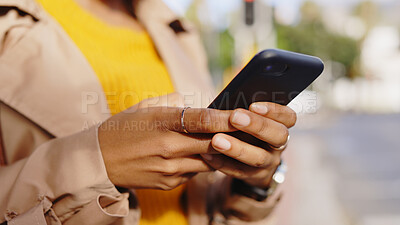 Buy stock photo Street, phone and hands of woman in city for travel, search and direction guide on mobile app outdoors. Closeup, typing and person on smartphone for social media, networking and communication in town