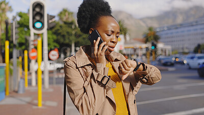 Buy stock photo Woman, time and late on street, phone call or frustrated with stress or communication. Black designer, watch and south africa city with chat, network or discussion worried for career or schedule