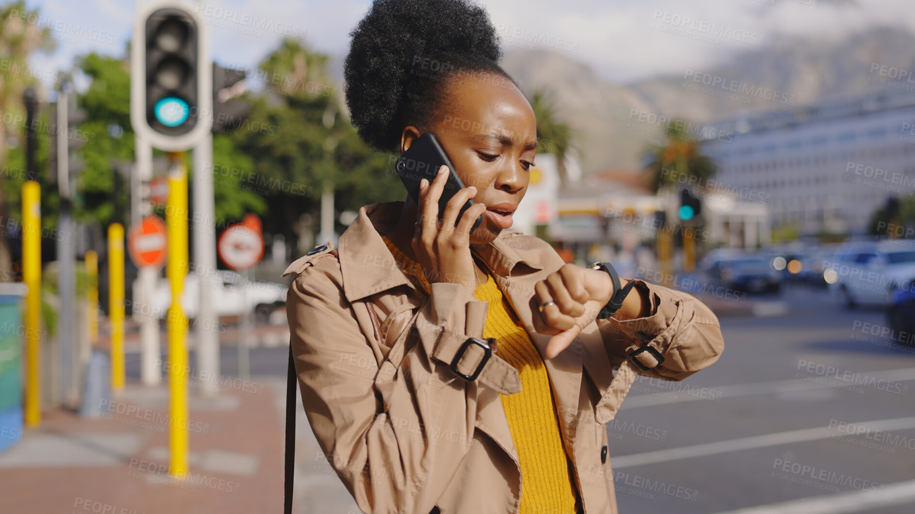 Buy stock photo Woman, time and late on street, phone call or frustrated with stress or communication. Black designer, watch and south africa city with chat, network or discussion worried for career or schedule