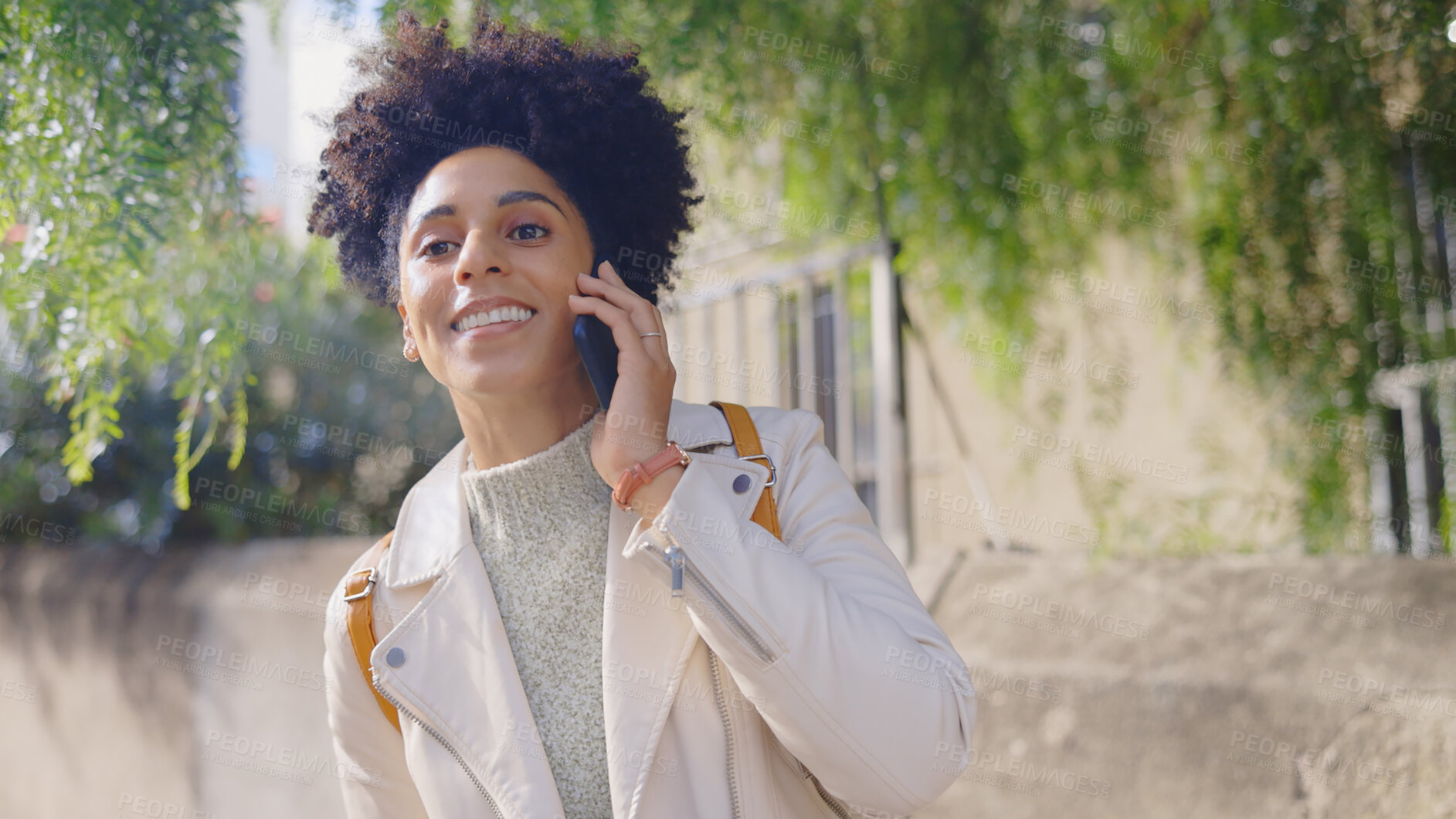 Buy stock photo Woman, conversation and smile with park, phone call or happiness with travel and communication. Designer, worker and south africa city with chat, network or discussion with opportunity and tech