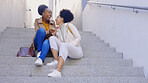 Happy, laugh and women friends on steps in a city for fun, bondi