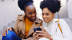 Phone, smile and women friends on city steps for text, message o