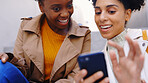 Smile, phone and women friends on city steps for text, message o