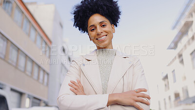 Buy stock photo Woman, portrait and arms crossed in street for mission, motivation or mindset with confidence in city. Entrepreneur, employee and female person with smile for business, success or satisfaction