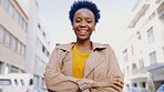 Black woman, portrait and arms crossed in city for business, lea