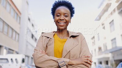 Buy stock photo Black woman, portrait and arms crossed in city for business, mission or mindset with confidence in street. Entrepreneur, employee and African person with smile for success, motivation or satisfaction