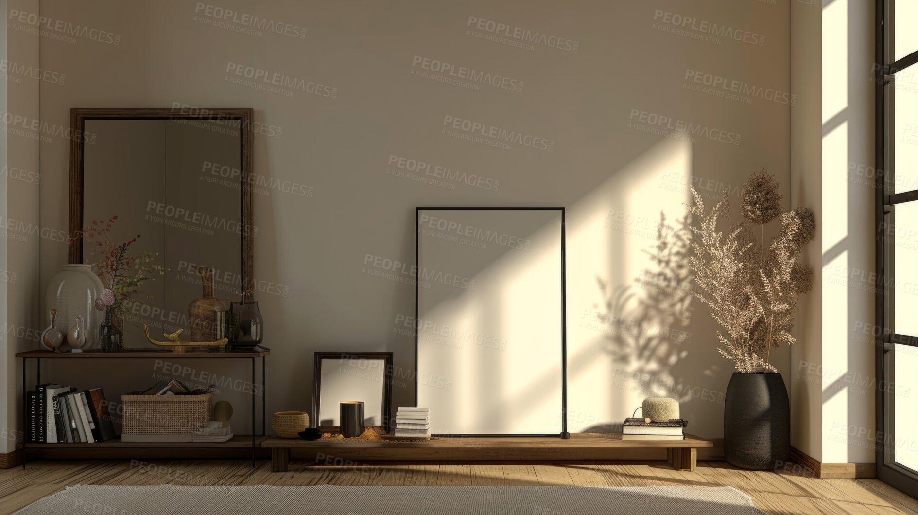 Buy stock photo Sunlight, room and serene ambiance for chill vibes, natural light and a calming atmosphere. Soft shadows, streaming sunlight and cozy furnishings create an idyllic space. Perfect for home decor blogs, real estate listings and relaxation-focused visuals.