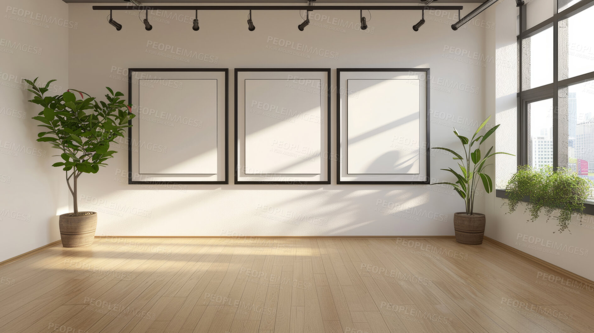 Buy stock photo Sunlight, room and serene ambiance for chill vibes, natural light and a calming atmosphere. Soft shadows, streaming sunlight and framed artwork create an idyllic space. Perfect for home decor blogs, real estate listings and relaxation-focused visuals.