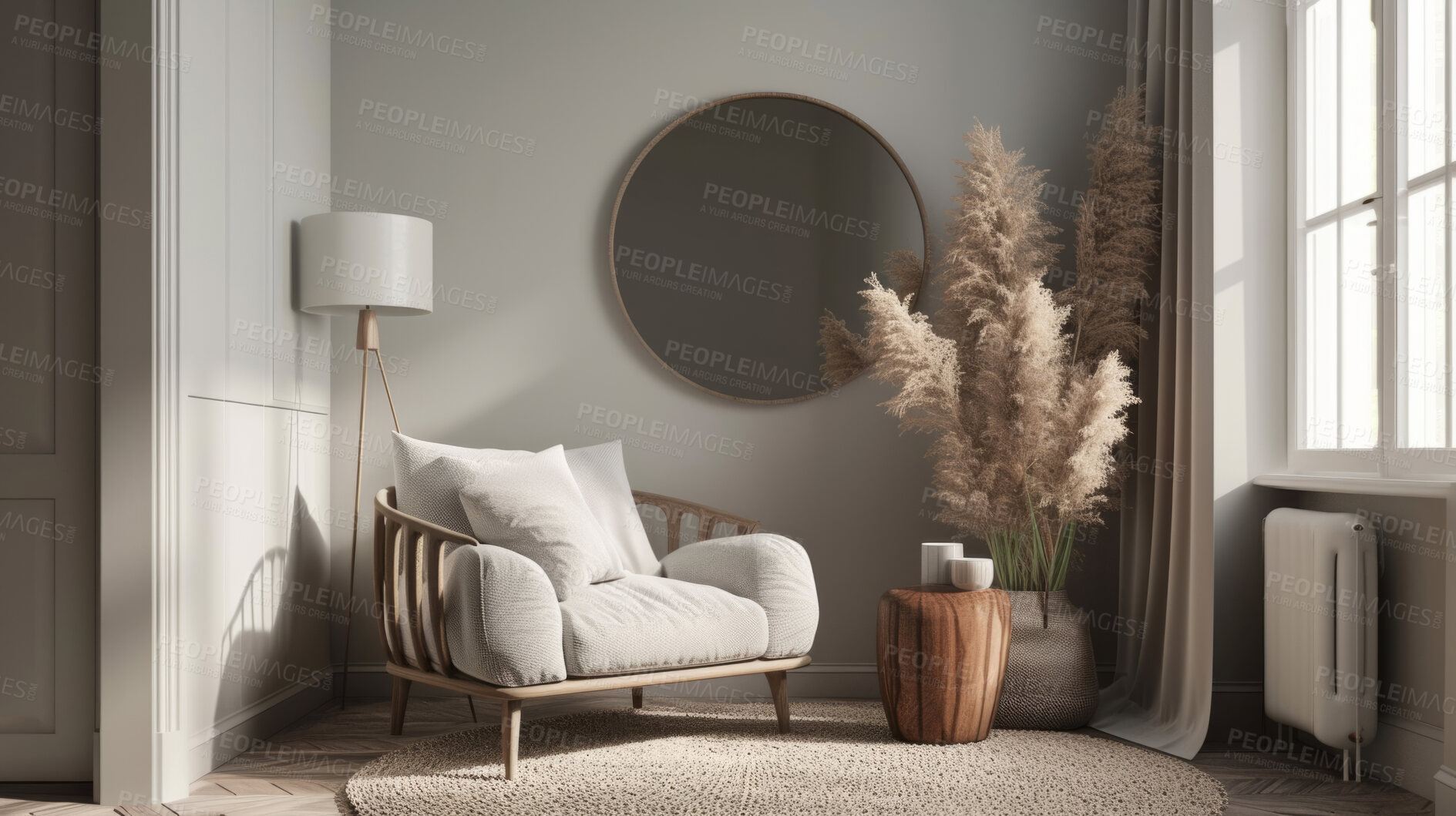 Buy stock photo Sunlight, room and serene ambiance for chill vibes, natural light and a calming atmosphere. Soft shadows, streaming sunlight and cozy furnishings create an idyllic space. Perfect for home decor blogs, real estate listings and relaxation-focused visuals.