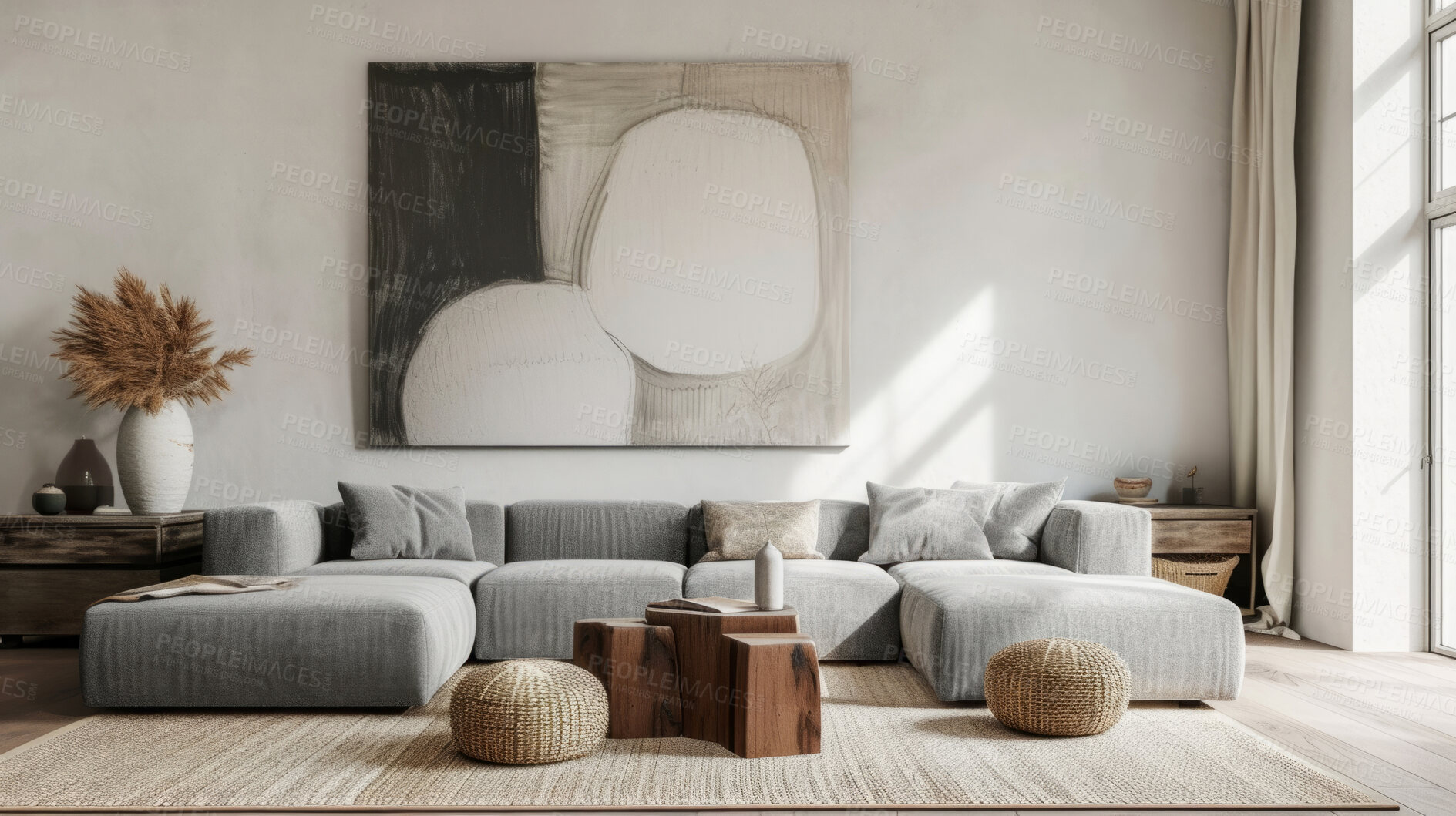 Buy stock photo Sunlight, room and serene ambiance for chill vibes, natural light and a calming atmosphere. Soft shadows, streaming sunlight and cozy furnishings create an idyllic space. Perfect for home decor blogs, real estate listings and relaxation-focused visuals.