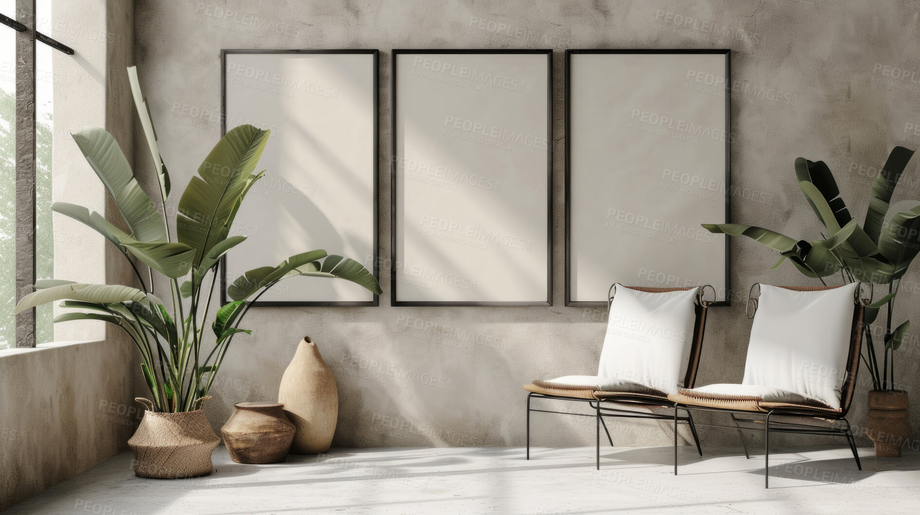 Buy stock photo Sunlight, room and serene ambiance for chill vibes, natural light and a calming atmosphere. Soft shadows, streaming sunlight and cozy furnishings create an idyllic space. Perfect for home decor blogs, real estate listings and relaxation-focused visuals.