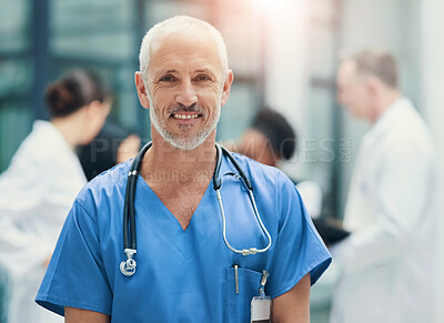 Buy stock photo Healthcare, portrait of doctor or nurse with smile in hospital, happiness and support in medical career. Health care, confidence and medicine, happy man or senior nursing professional in workplace.