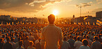 Group, people and seminar in arena, crowd and connection. Silhouette, businesspeople and public networking with communication, community and human interaction for culture and future development