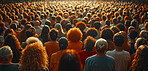 Group, people and seminar in arena, crowd and connection. Silhouette, businesspeople and public networking with communication, community and human interaction for culture and future development