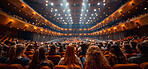 Group, people and seminar in arena, crowd and connection. Silhouette, businesspeople and public networking with communication, community and human interaction for culture and future development