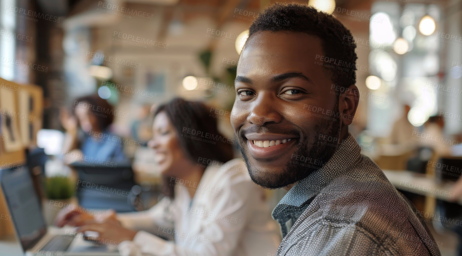 Buy stock photo Computer, business and man in an office for marketing strategy, data analysis and infographics on screen. Happy, confident and American sitting at his desk for finance, professional and technology