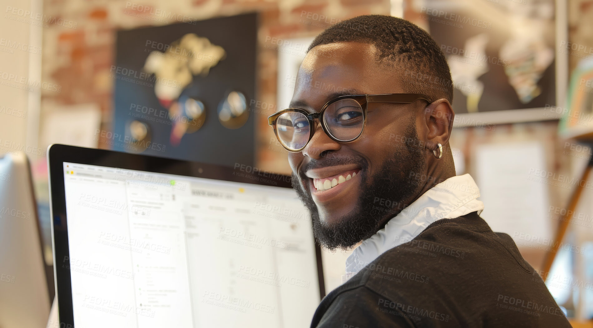 Buy stock photo Computer, business and man in an office for marketing strategy, data analysis and infographics on screen. Happy, confident and American sitting at his desk for finance, professional and technology