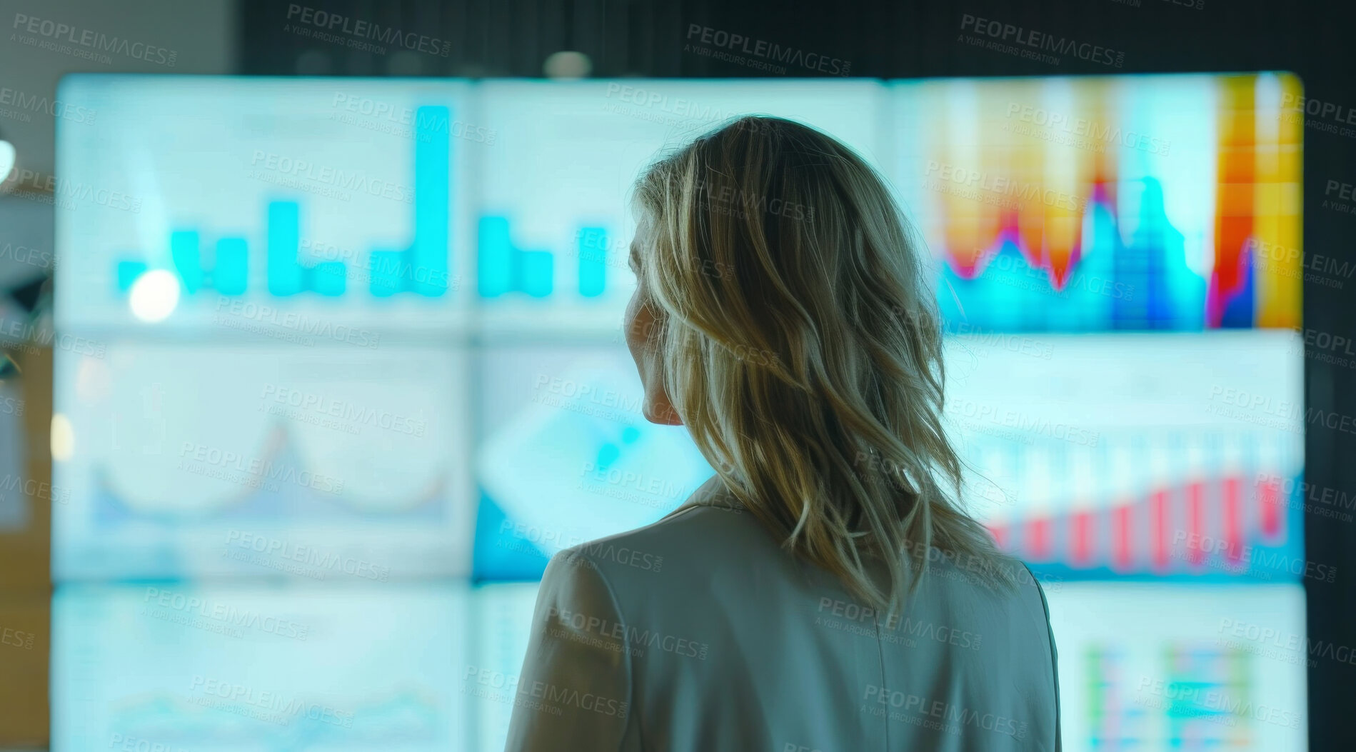 Buy stock photo Charts, business or woman in an office for marketing strategy, data analysis and infographics on screen. Happy, confident and American looking at a big screen for finance, professional or technology