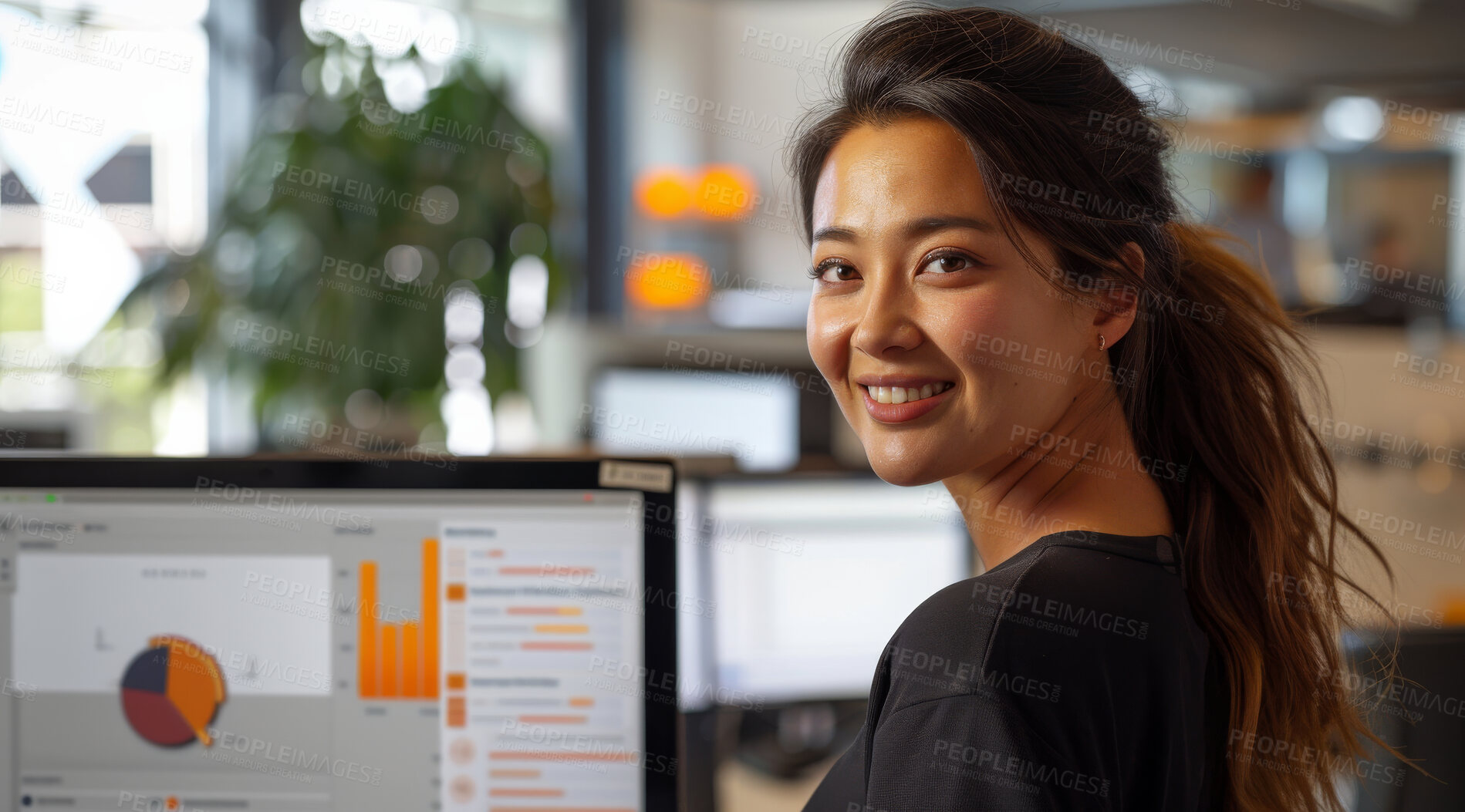 Buy stock photo Computer, business and woman in an office for marketing strategy, data analysis and infographics on screen. Happy, confident and American sitting at her desk for finance, professional and technology