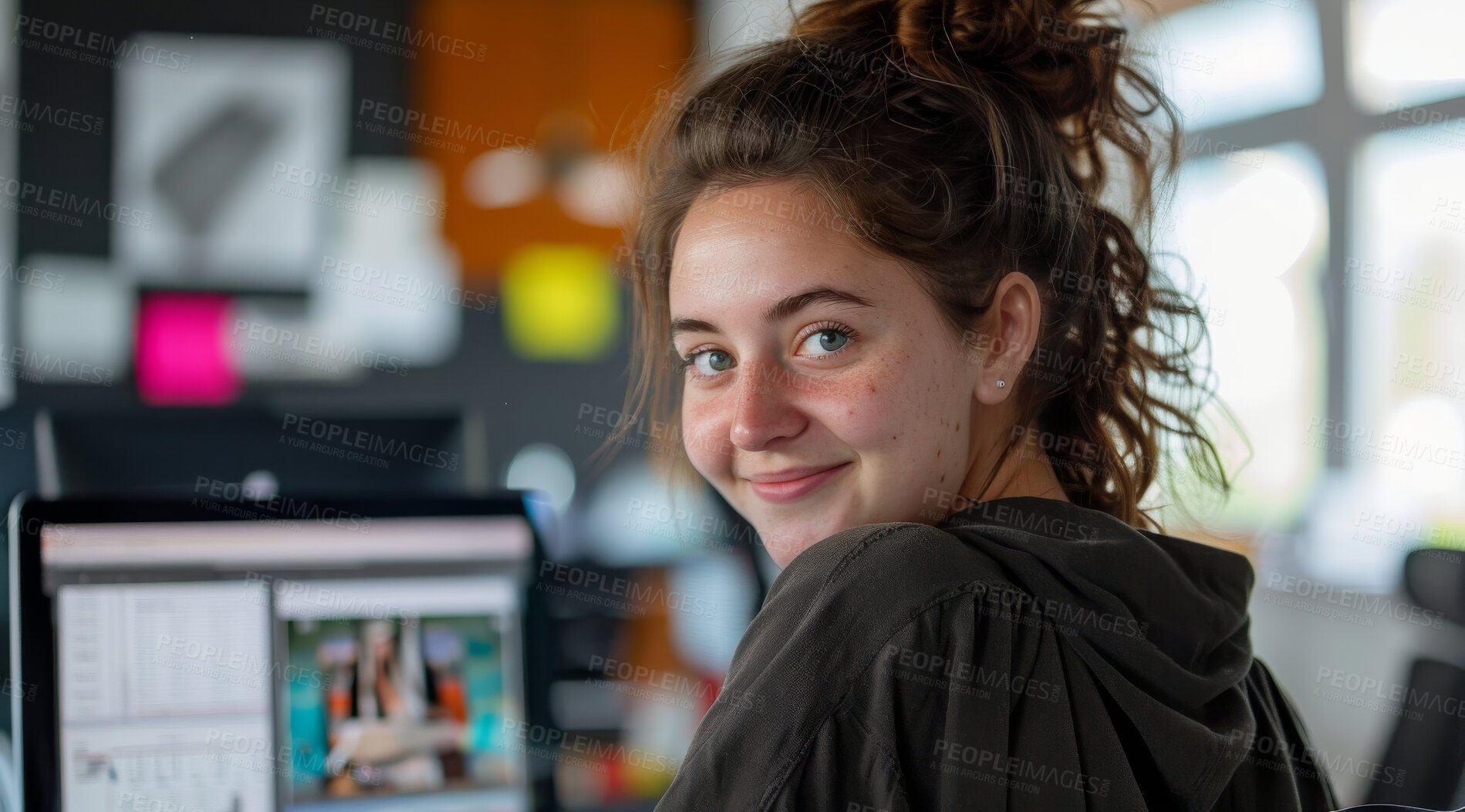 Buy stock photo Computer, business and woman in an office for marketing strategy, data analysis and infographics on screen. Happy, confident and American sitting at her desk for finance, professional and technology