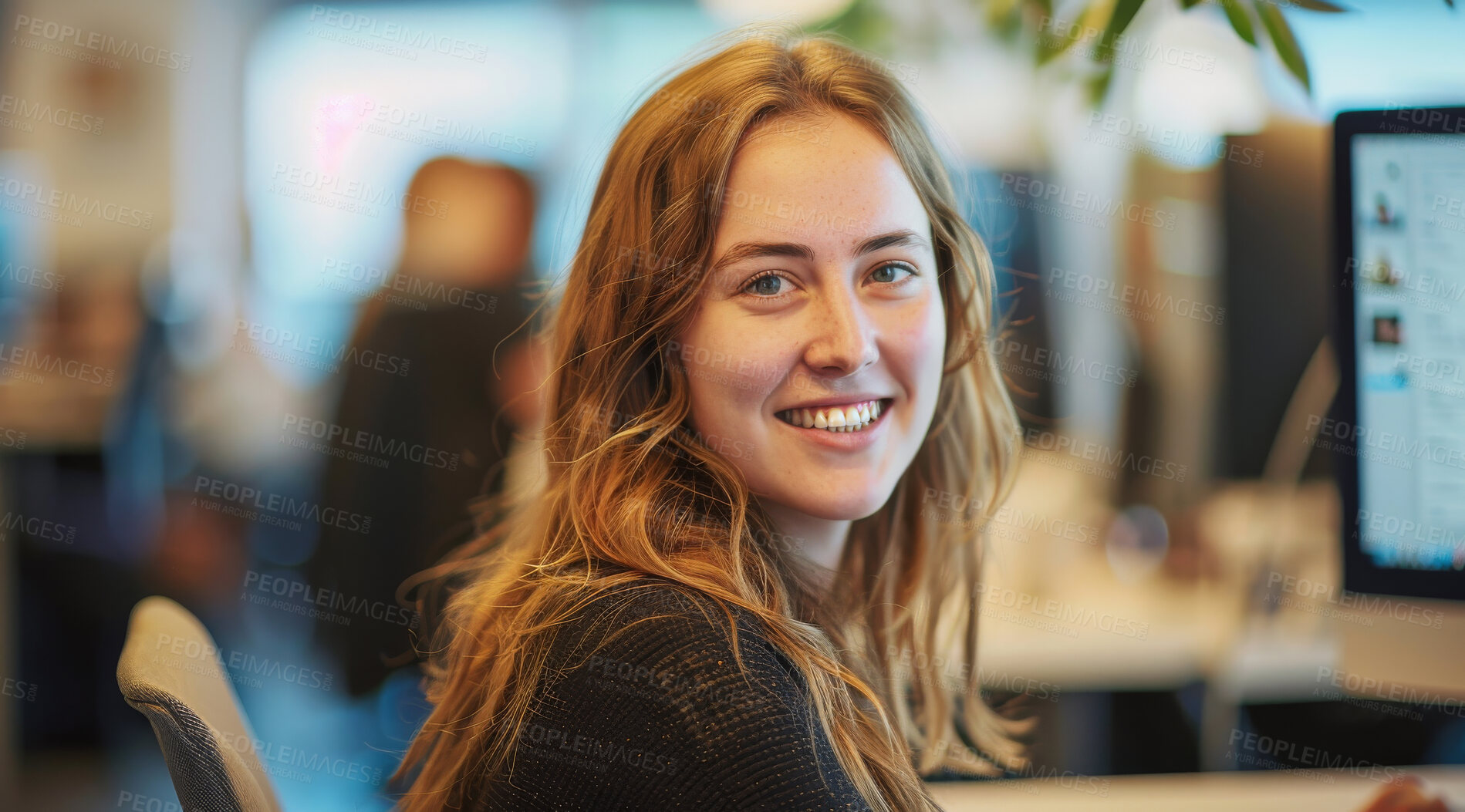 Buy stock photo Computer, business and woman in an office for marketing strategy, data analysis and infographics on screen. Happy, confident and American sitting at her desk for finance, professional and technology
