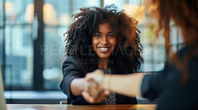 Handshake, business and woman in an interview or greeting for meeting, partnership agreement or promotion. Closeup, female, hands or businesspeople agree to deal for contract, negotiation or trade