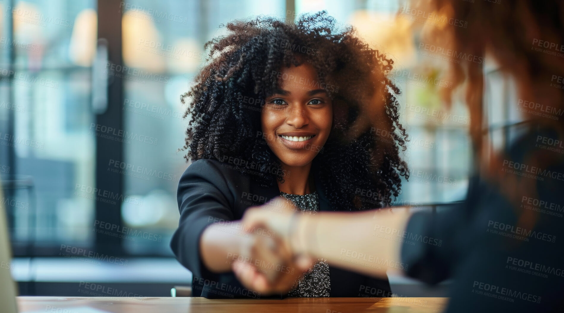 Buy stock photo Handshake, business and woman in an interview or greeting for meeting, partnership agreement or promotion. Closeup, female, hands or businesspeople agree to deal for contract, negotiation or trade