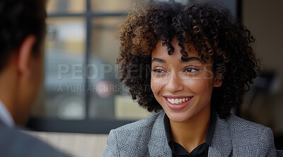 Young, corporate business and woman in an interview or meeting for job, career or promotion. Confident, African American and female professional smiling for new position, recruitment and work