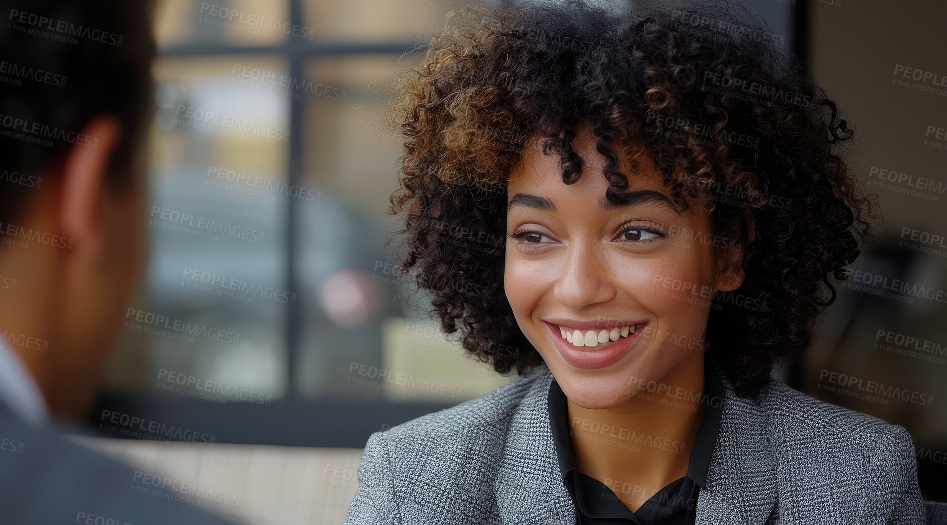 Buy stock photo Young, corporate business and woman in an interview or meeting for job, career or promotion. Confident, African American and female professional smiling for new position, recruitment and work