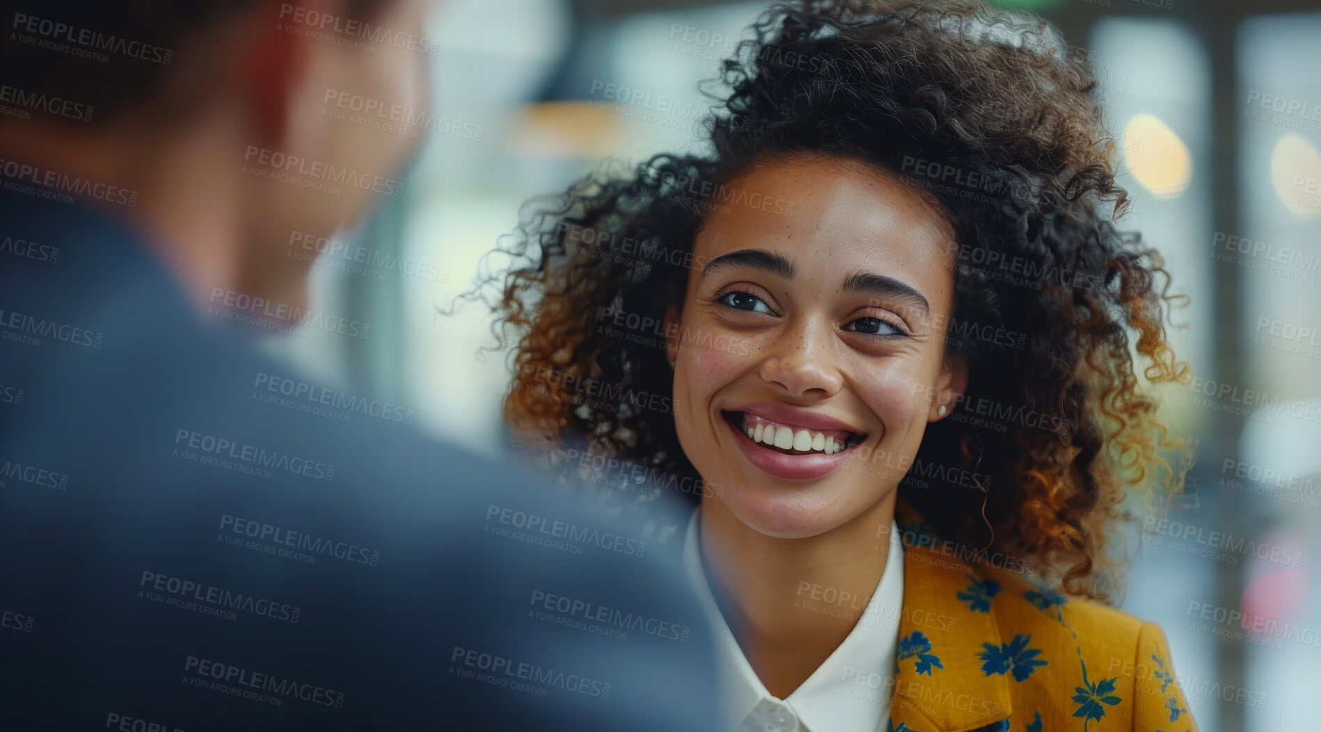 Buy stock photo Young, corporate business and woman in an interview or meeting for job, career or promotion. Confident, African American and female professional smiling for new position, recruitment and work