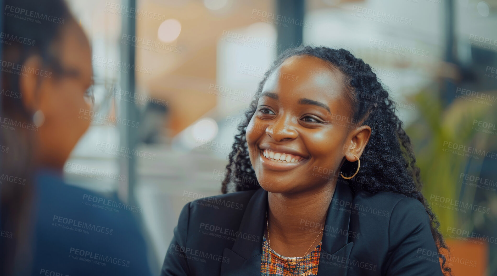 Buy stock photo Young, corporate business and woman in an interview or meeting for job, career or promotion. Confident, African American and female professional smiling for new position, recruitment and work