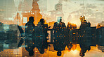 Abstract, boardroom or building background with double exposure effect for brainstorming, collaboration and business. Bokeh, lights and sunset cityscape wallpaper for corporate, marketing or teamwork