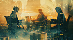 Abstract, boardroom or building background with double exposure effect for brainstorming, collaboration and business. Bokeh, lights and sunset cityscape wallpaper for corporate, marketing or teamwork