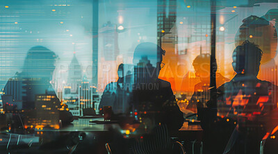 Abstract, boardroom or building background with double exposure effect for brainstorming, collaboration and business. Bokeh, lights and sunset cityscape wallpaper for corporate, marketing or teamwork