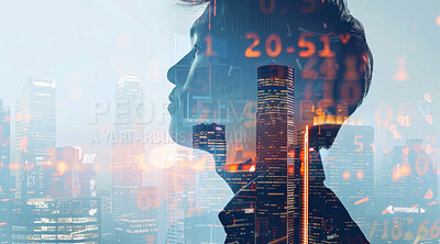 Business and silhouette of man thinking for corporate, communication or entrepreneur. Cityscape, sunset and abstract double exposure effect of a male headshot for marketing, internet or research