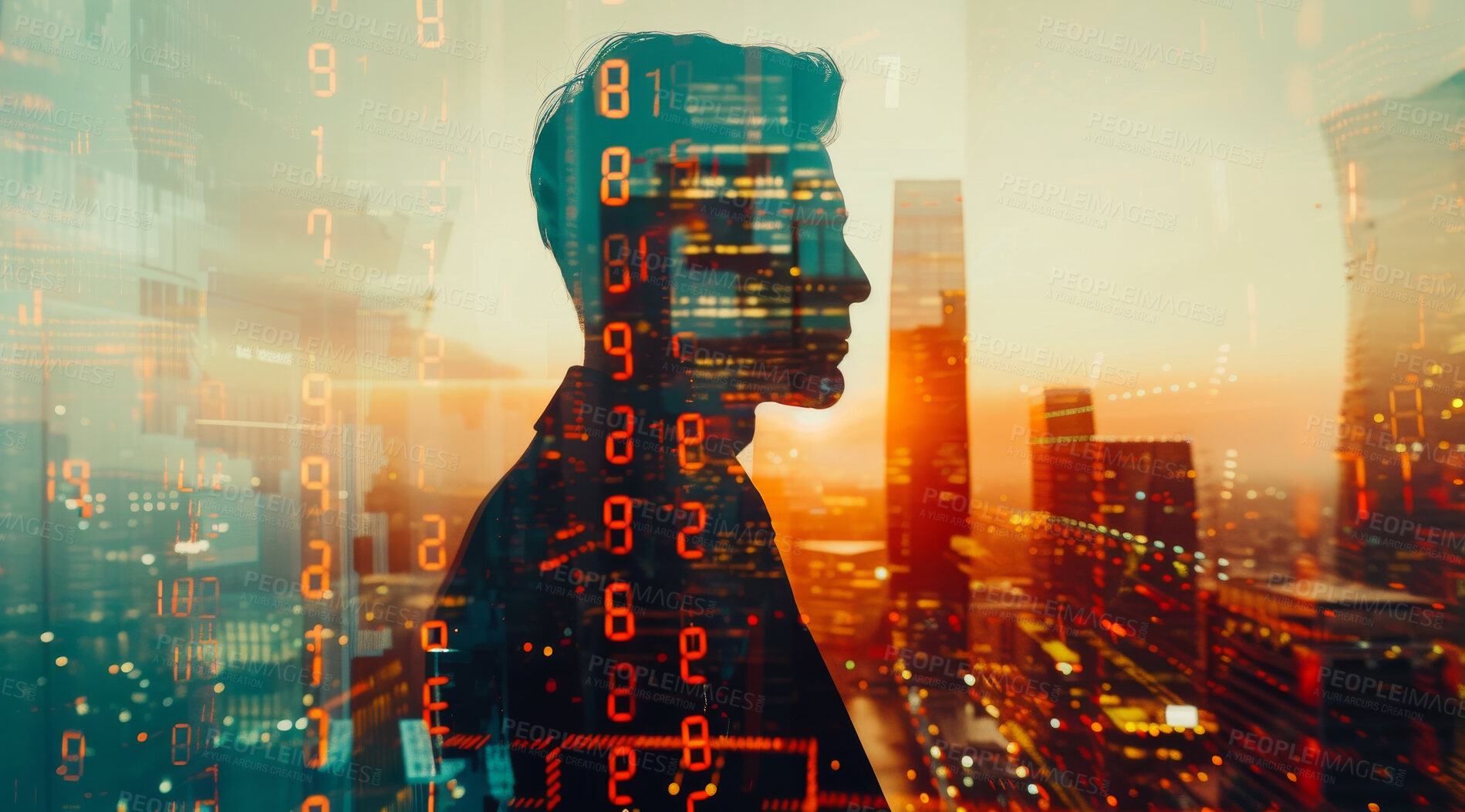 Buy stock photo Business and silhouette of man thinking for corporate, communication or entrepreneur. Cityscape, sunset and abstract double exposure effect of a male headshot for marketing, internet or research