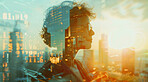 Business and silhouette of woman thinking for corporate, communication or entrepreneur. Cityscape, sunset and abstract double exposure effect of a female head for marketing, internet or research