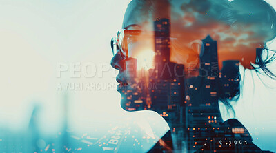 Business and silhouette of woman thinking for corporate, communication or entrepreneur. Cityscape, sunset and abstract double exposure effect of a female head for marketing, internet or research