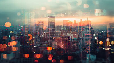 Abstract, architecture and building background with double exposure effect for finance, trading or business. Bokeh, lights and sunset cityscape wallpaper for corporate, marketing and big data