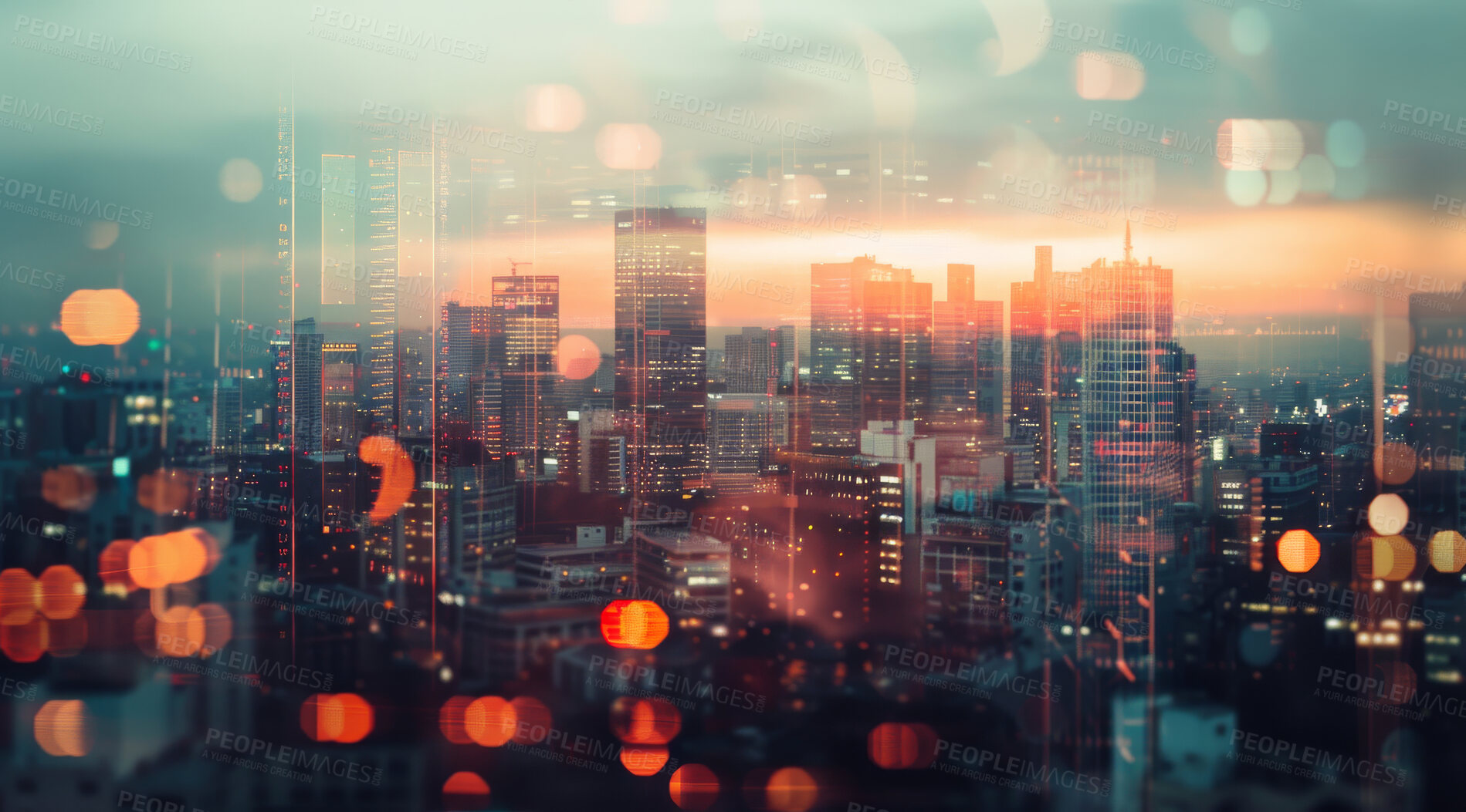 Buy stock photo Abstract, architecture and building background with double exposure effect for finance, trading or business. Bokeh, lights and sunset cityscape wallpaper for corporate, marketing and big data