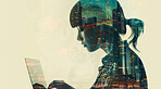 Business, laptop and silhouette of woman working for corporate, communication or entrepreneur. Cityscape, sunset and double exposure effect of a female using pc for marketing, internet or research