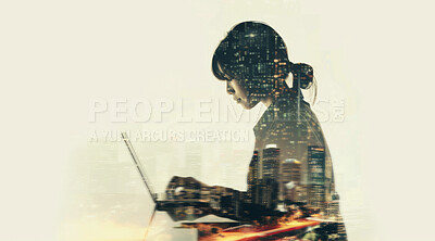 Business, laptop and silhouette of woman working for corporate, communication or entrepreneur. Cityscape, sunset and double exposure effect of a female using pc for marketing, internet or research