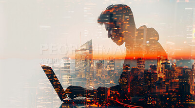 Business, laptop and silhouette of man working mockup for corporate, communication or entrepreneur. Cityscape, sunset and double exposure effect of a male using pc for marketing, internet or research