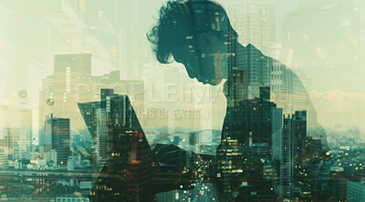 Business, laptop and silhouette of man working mockup for corporate, communication or entrepreneur. Cityscape, sunset and double exposure effect of a male using pc for marketing, internet or research