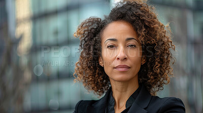 Portrait, corporate business and woman in the city for investment, entrepreneur and executive. Confident, African American and female professional standing outdoor for leadership, empowerment or ceo