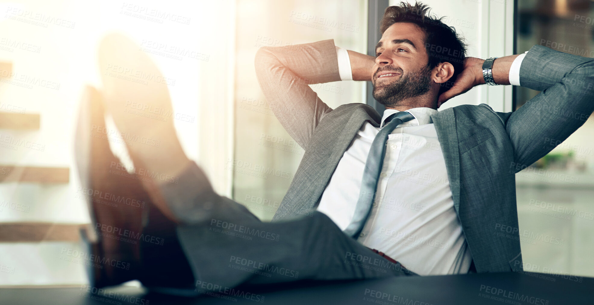 Buy stock photo Rest, confidence and businessman with hands behind his head after finished project in the office. Relax, calm and happy professional male employee on a break with a success task in the workplace.