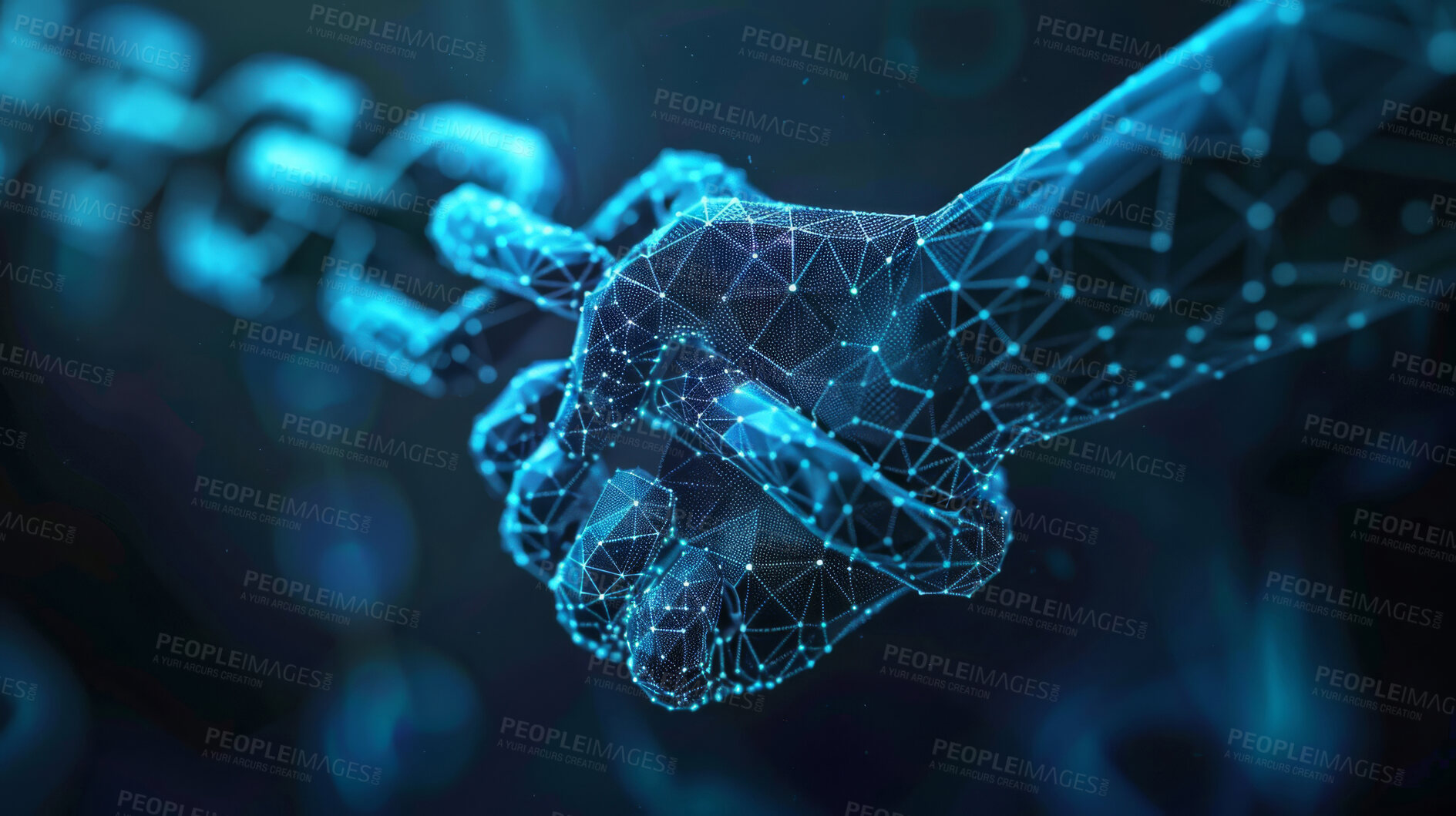 Buy stock photo Digital, hand and chain illustration connected to internet, data and virtual reality. Silhouette, business and plexus network lines for communication, futuristic connection and marketing strategy